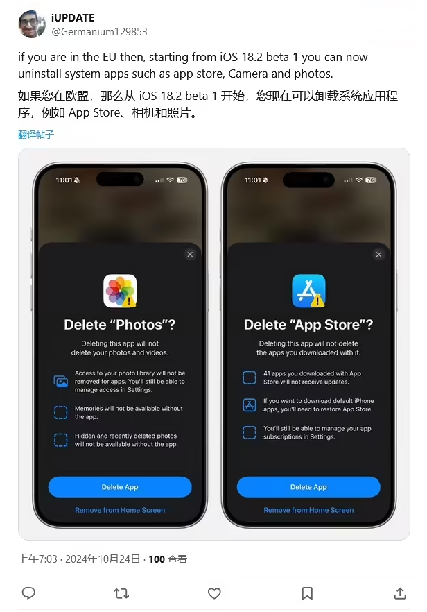 樟树苹果手机维修分享iOS 18.2 支持删除 App Store 应用商店 